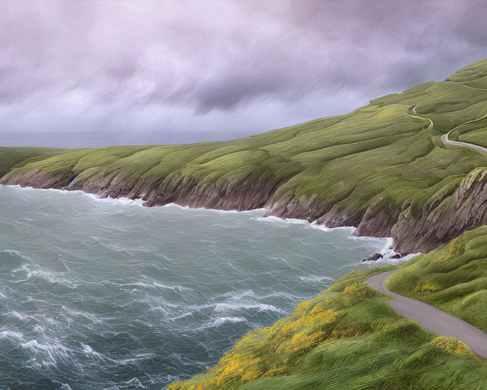Scenic winding road on lush cliff by turbulent sea