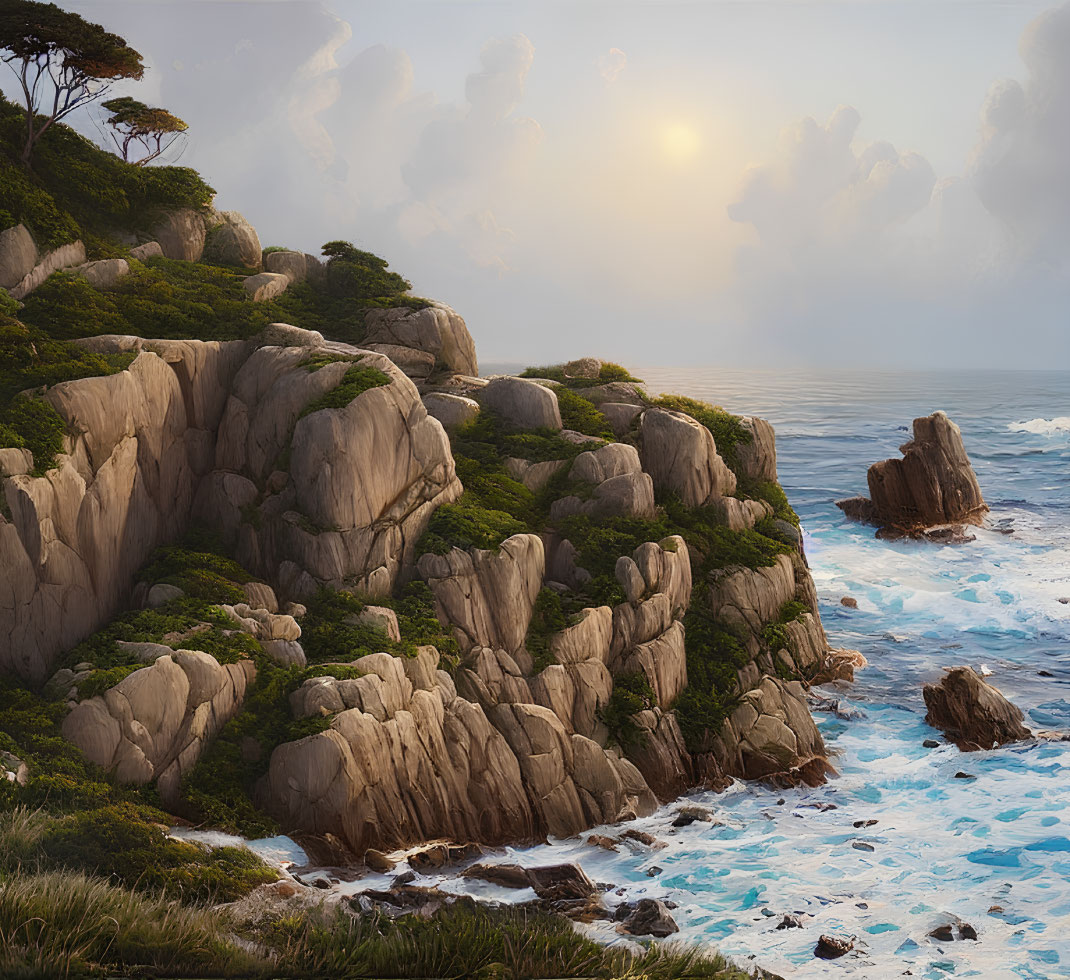 Sunset seascape with rugged cliffs, trees, and gentle waves in soft light