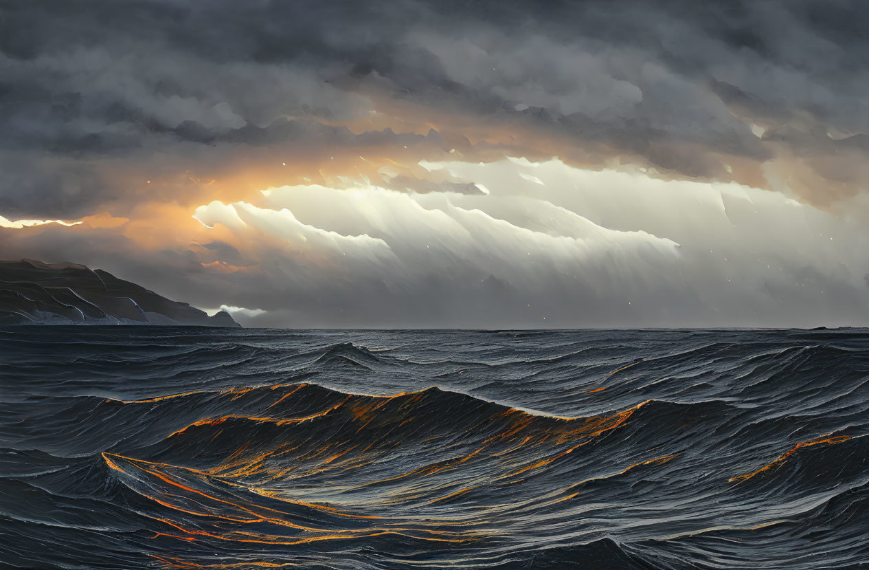 Dark, Churning Waves in Dramatic Seascape with Orange Light