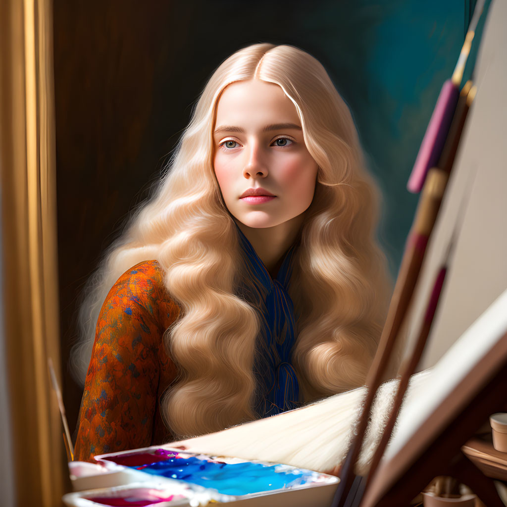 Blonde woman sitting at easel in thoughtful pose