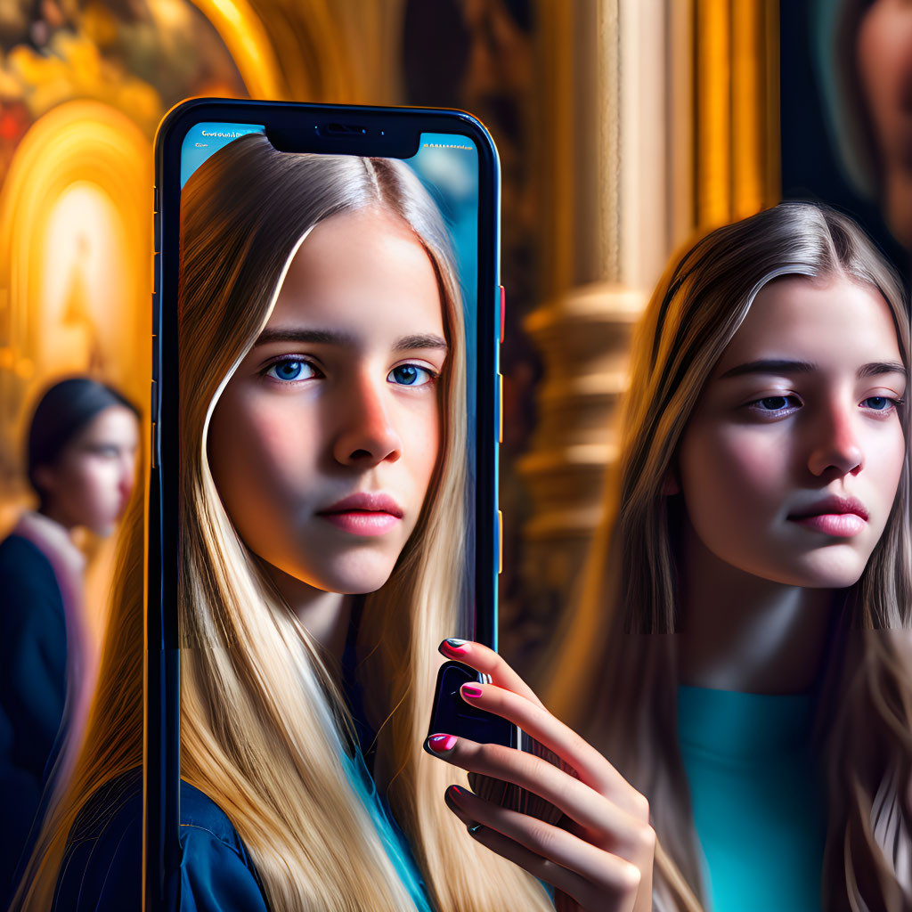 Portrait of a Young Woman Framed in Smartphone Screen