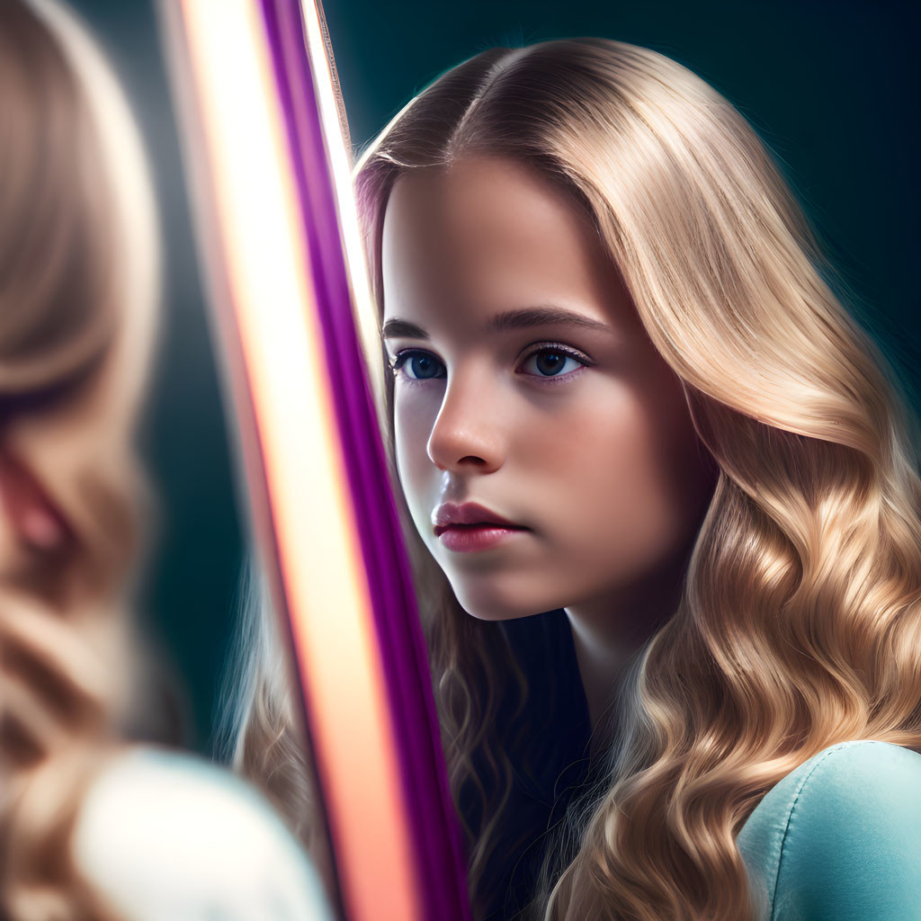 Young girl with wavy blond hair gazes at reflection in mirror under warm light