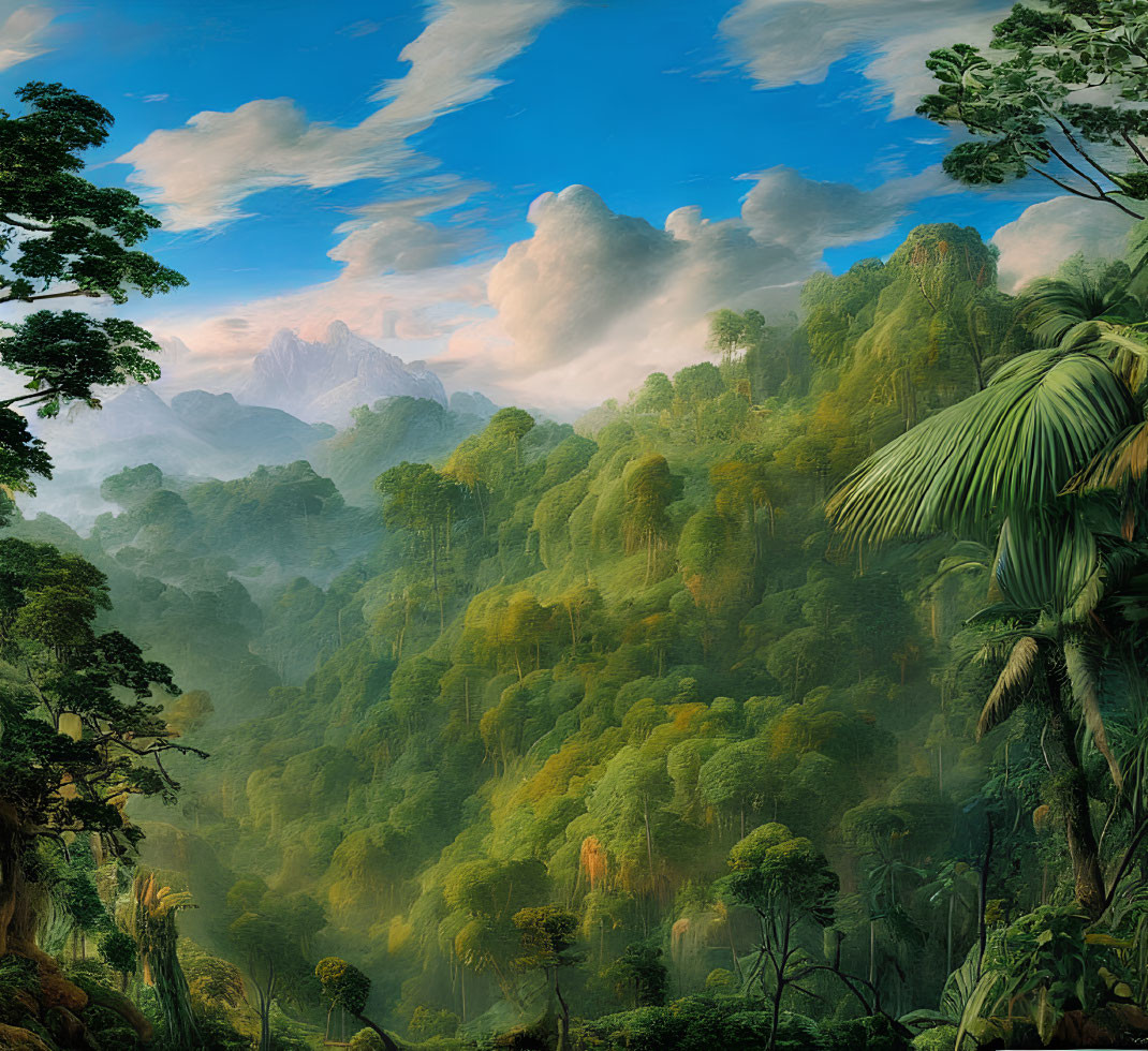 Vibrant green rainforest under blue sky with mountains peeking through mist