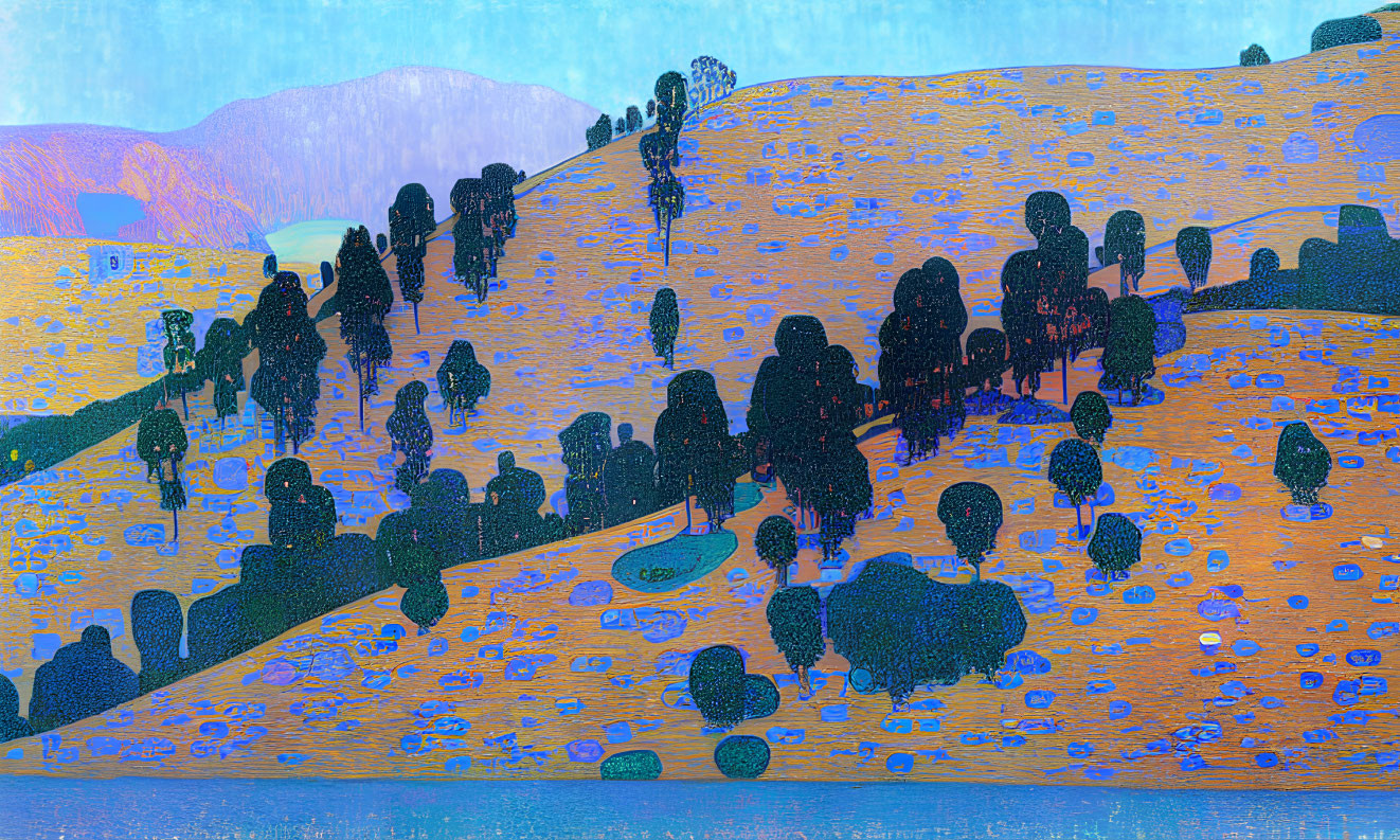 Figures Walking on Hilly Landscape with Trees in Pointillist Style
