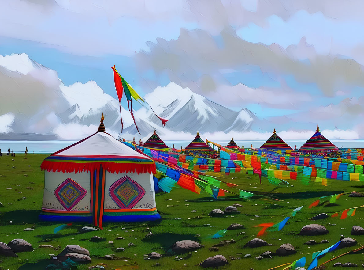 Vivid Tibetan prayer flags over green field and mountains