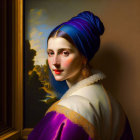 Woman in Blue Turban and Purple Garment Against Cloudy Sky