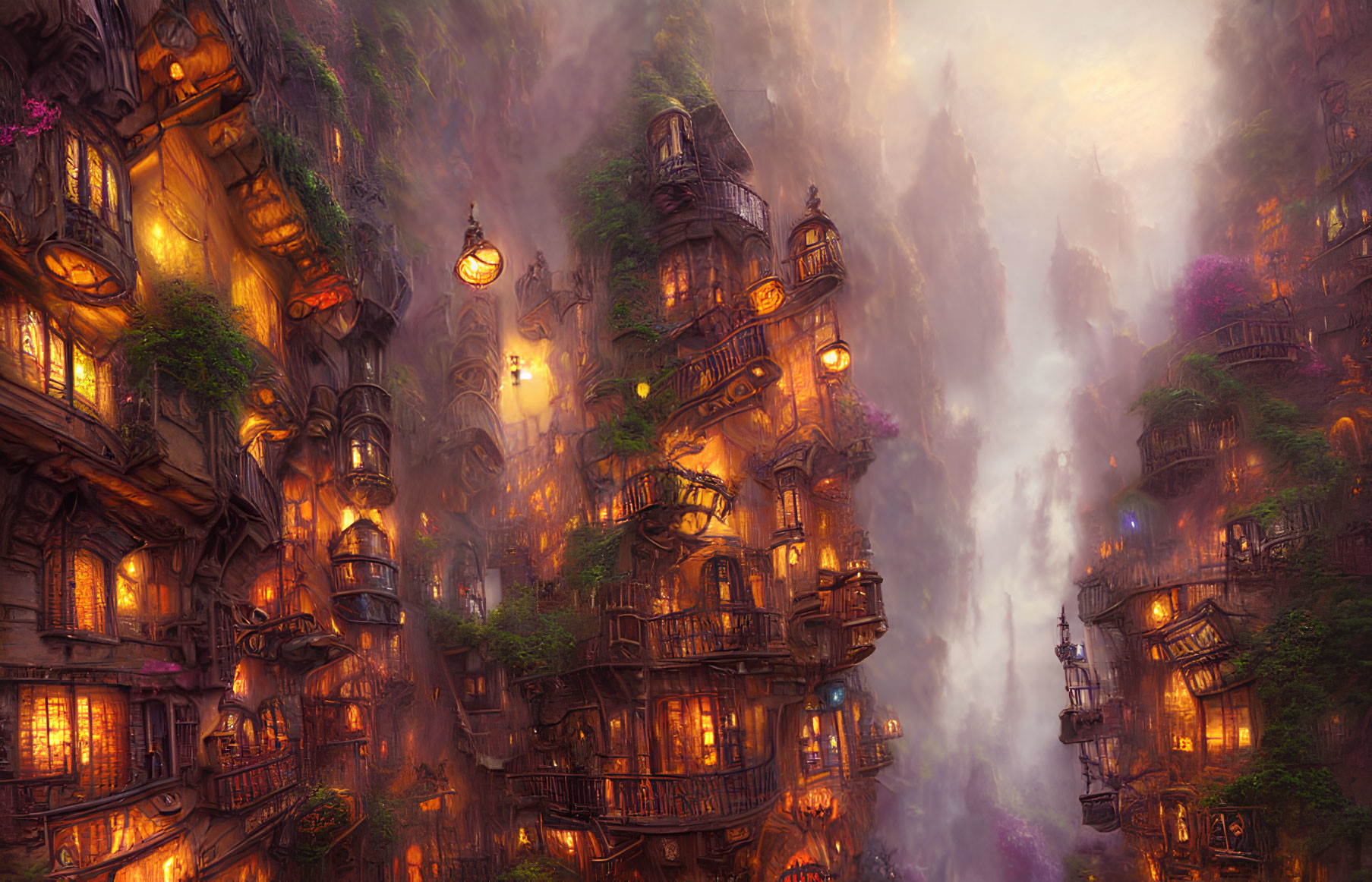 Enchanted cityscape with towering structures in mystical sunlight