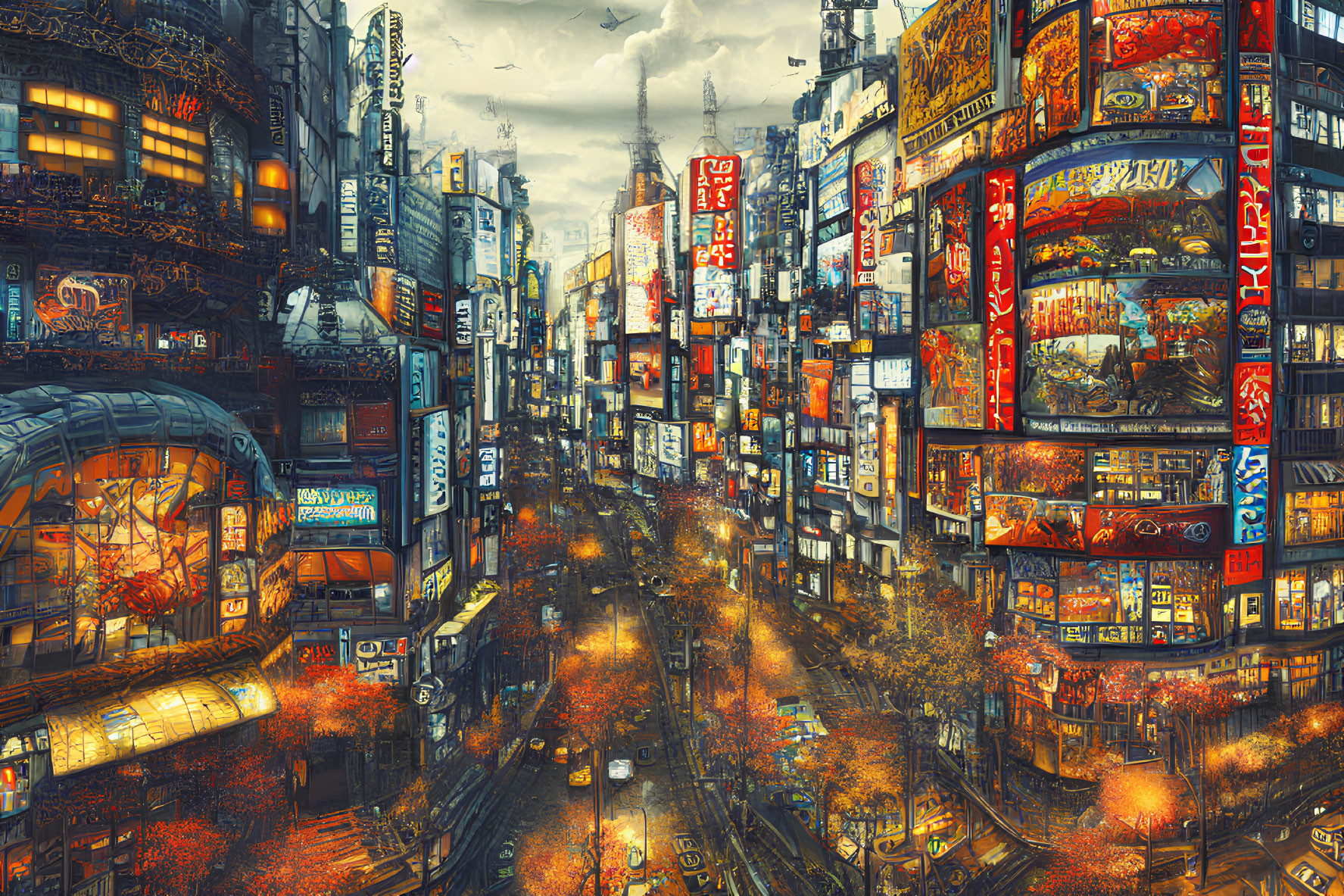 Vibrant Cyberpunk Cityscape with Illuminated Signage at Twilight