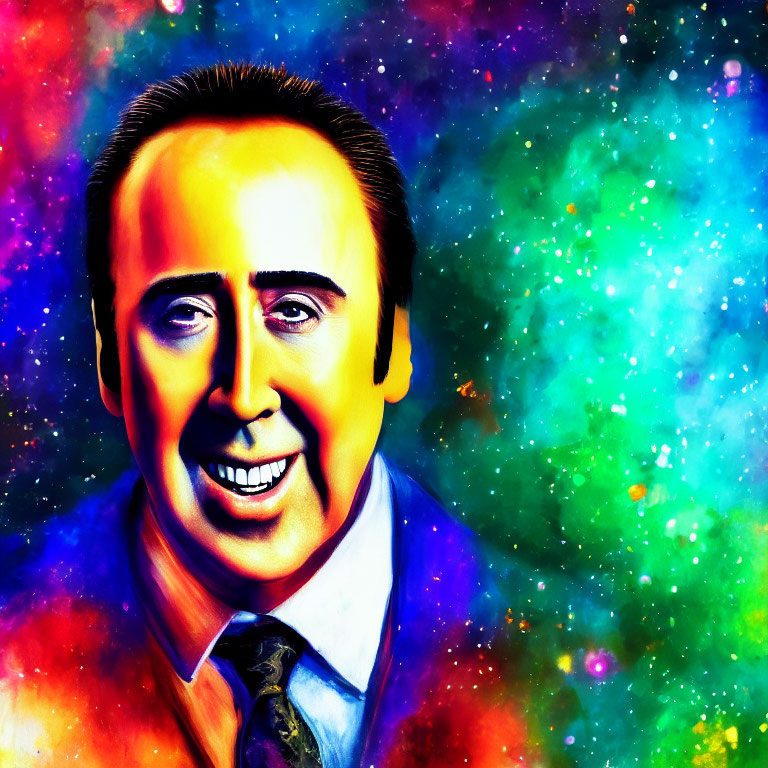 Colorful Psychedelic Portrait of Intense Man with Cosmic Background