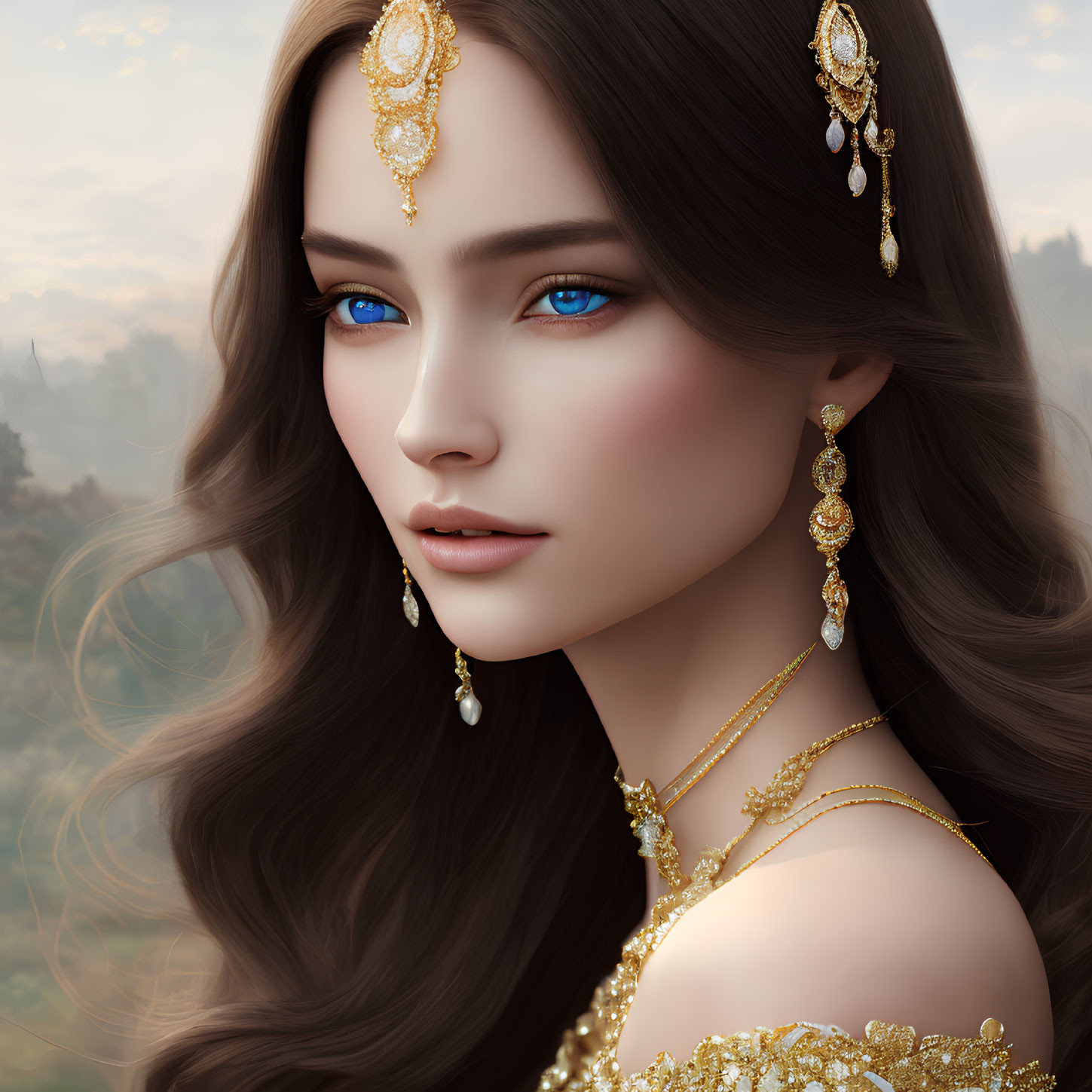 Digital portrait of woman with deep blue eyes and gold jewelry against soft background