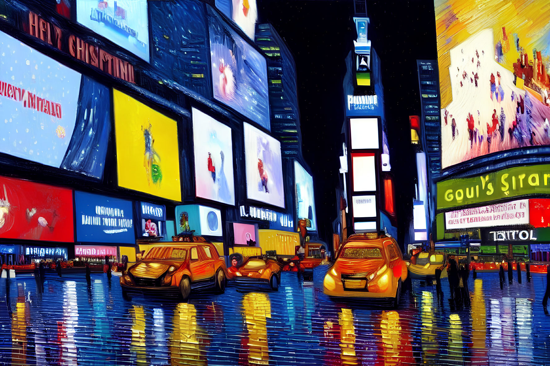 Stylized painting of Times Square at night with illuminated billboards and reflections