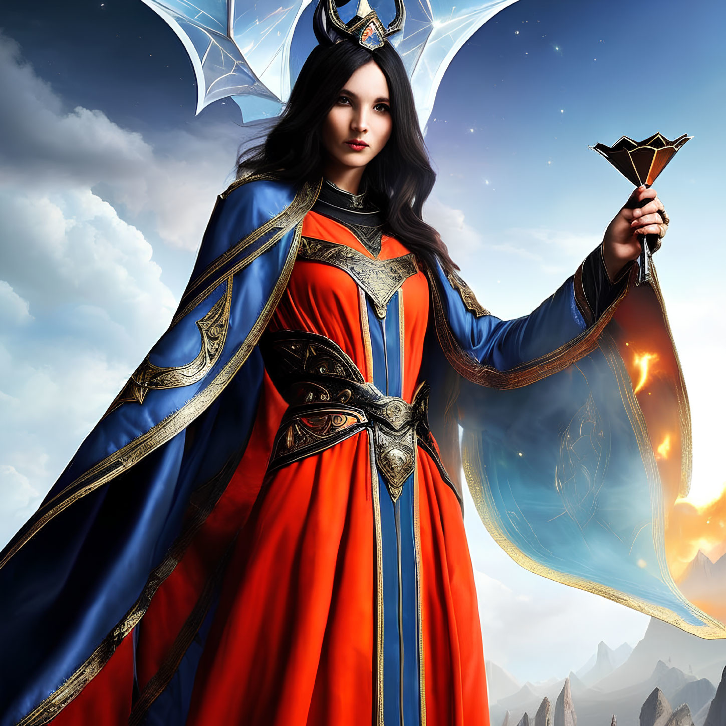 Majestic female figure in blue and red robe with golden staff against dramatic sky