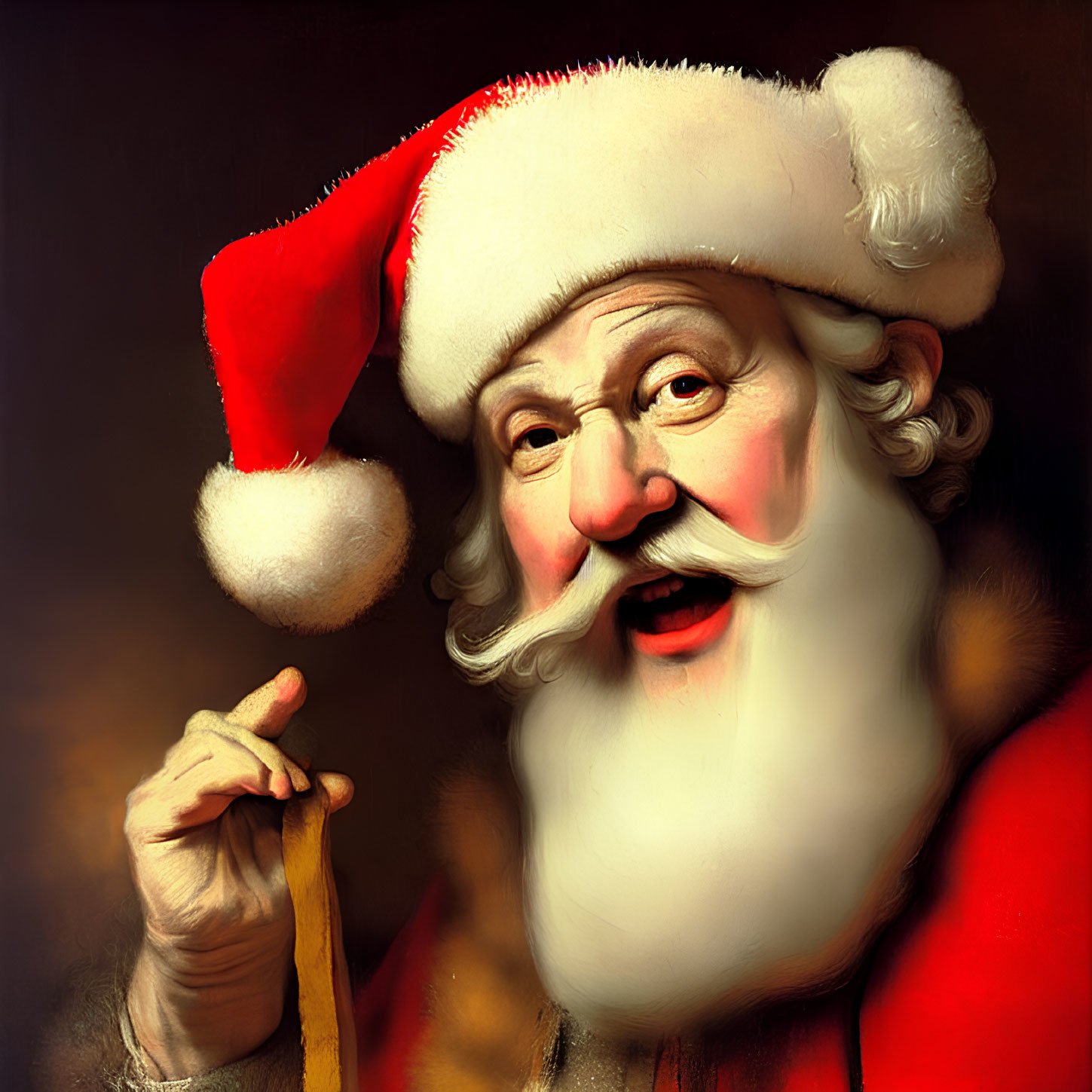 Bearded character in Santa hat holding spectacle frame