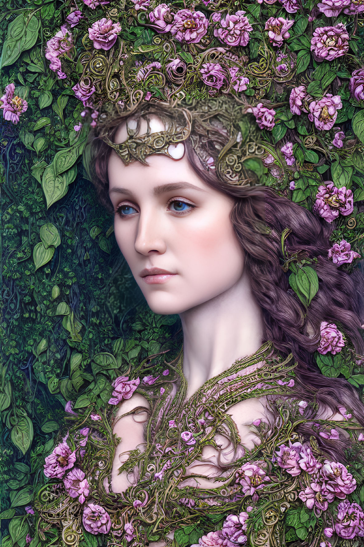 Portrait of a woman with floral headpiece and collar in nature setting