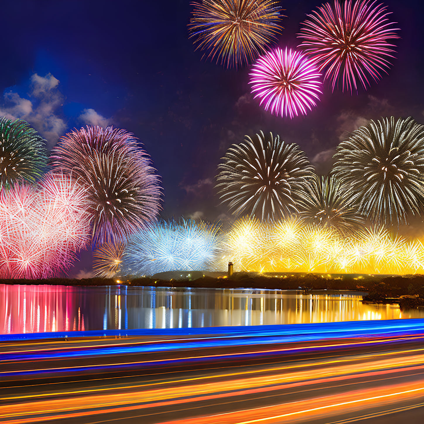 Colorful Fireworks Display Reflected in Water