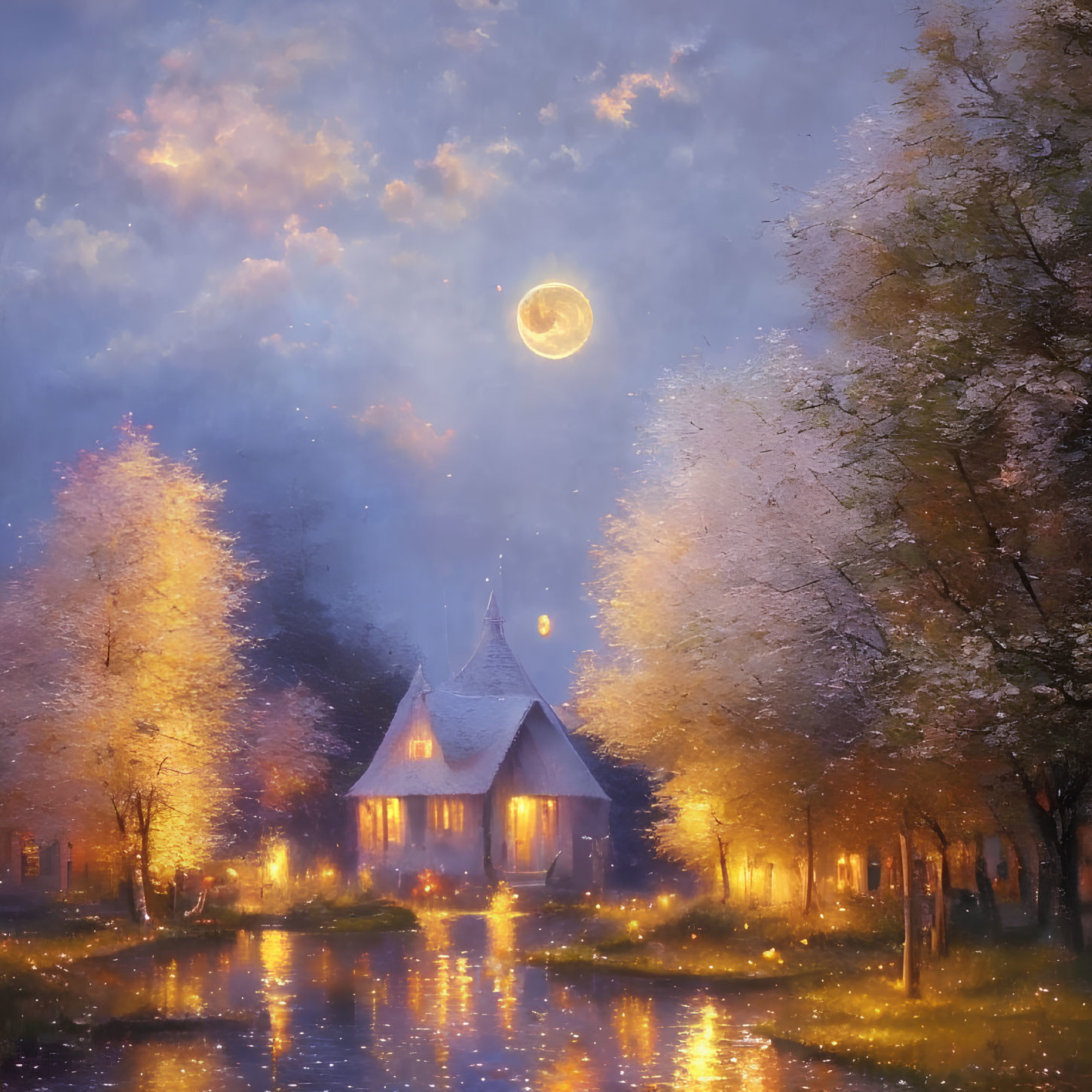 Glowing cottage by serene pond in moonlit autumn landscape