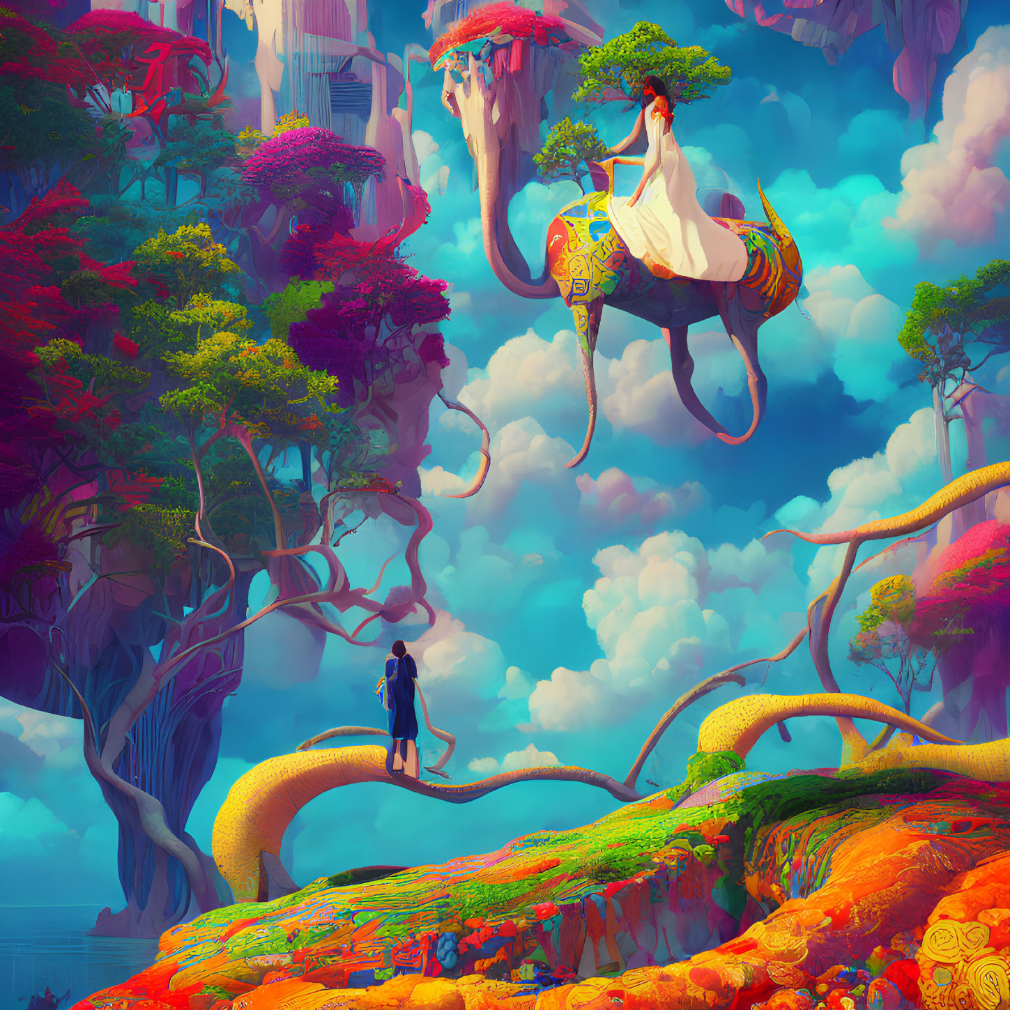 Fantastical landscape with giant elephant and colorful flora