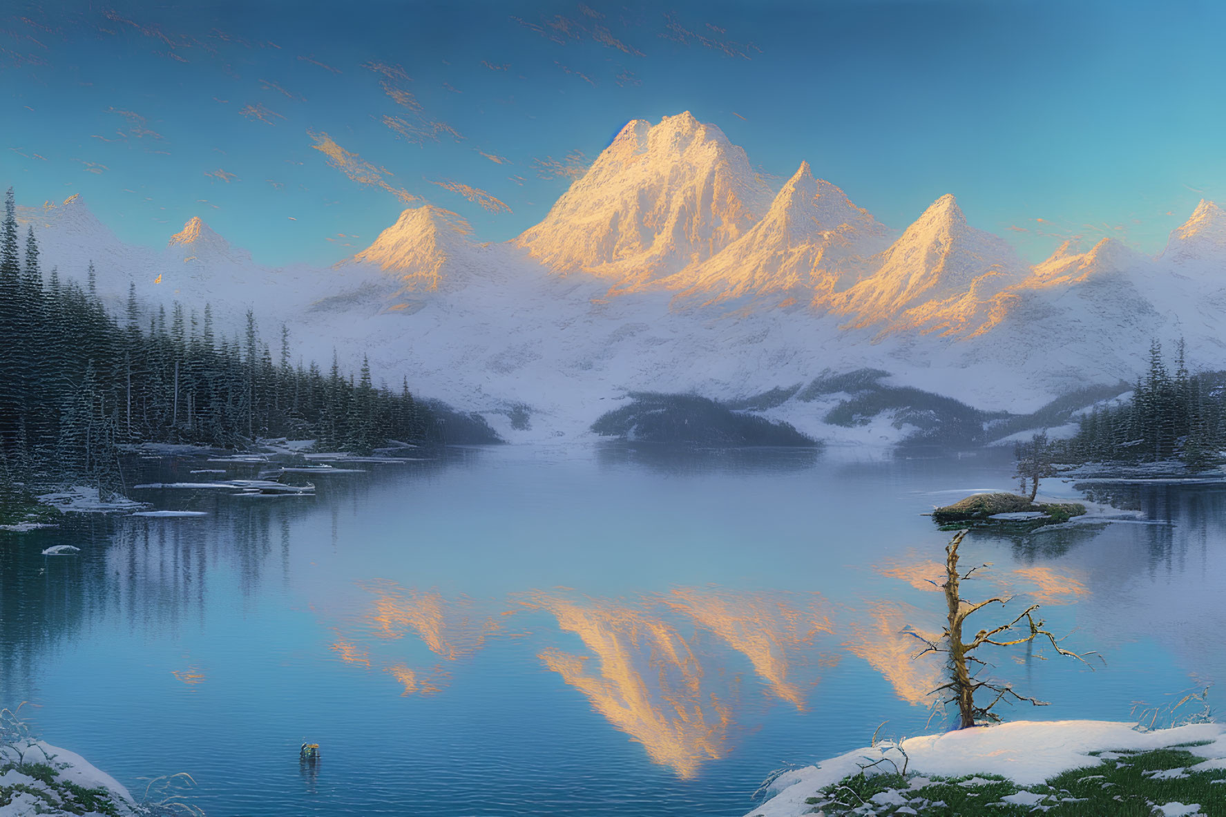 Snow-capped alpine peaks in golden sunlight by a serene lake