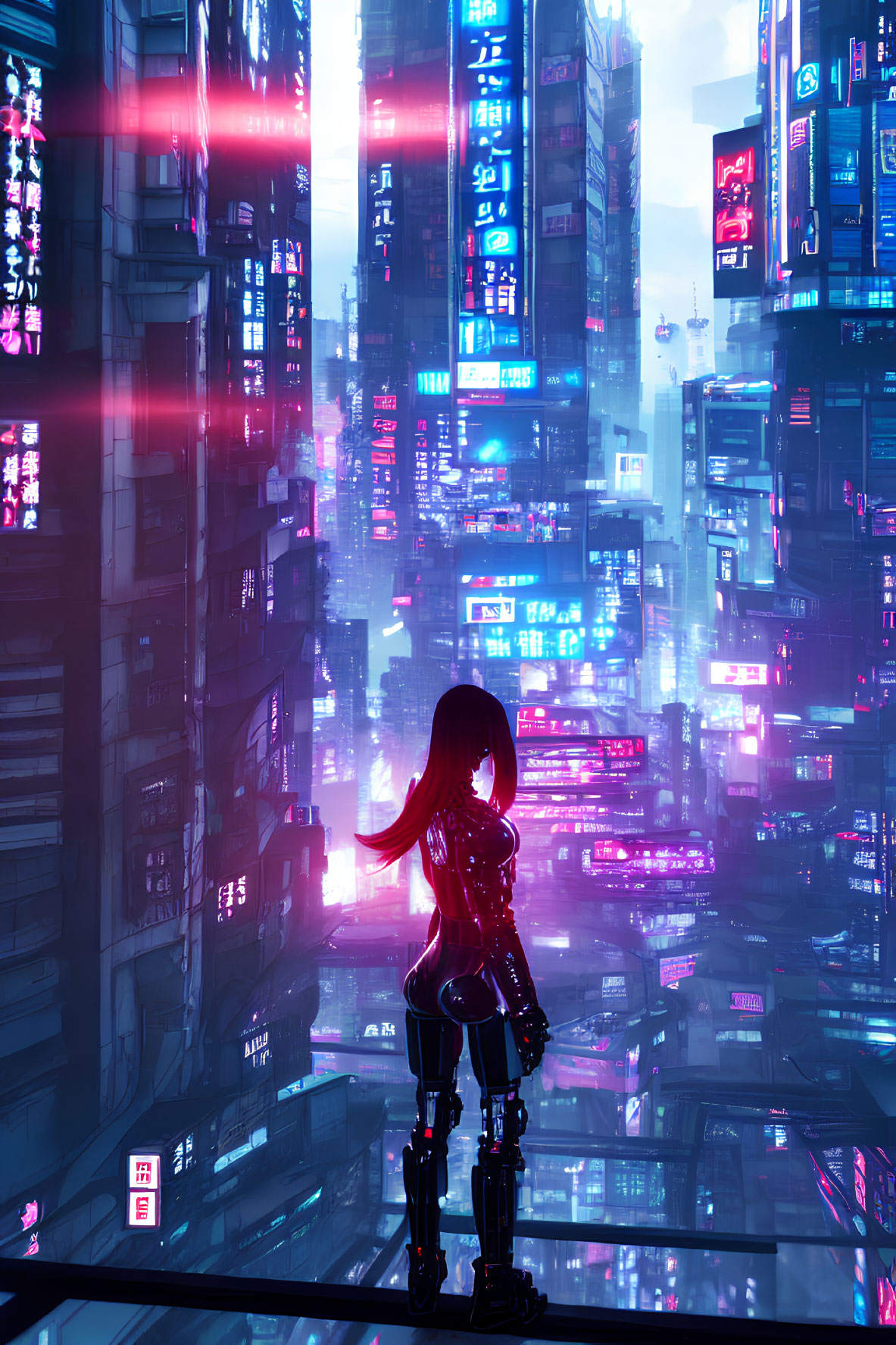 Futuristic suit overlooking neon-lit cityscape at night