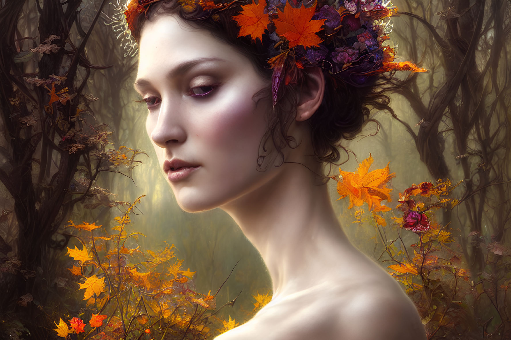 Woman with autumn leaf wreath in mystical forest setting
