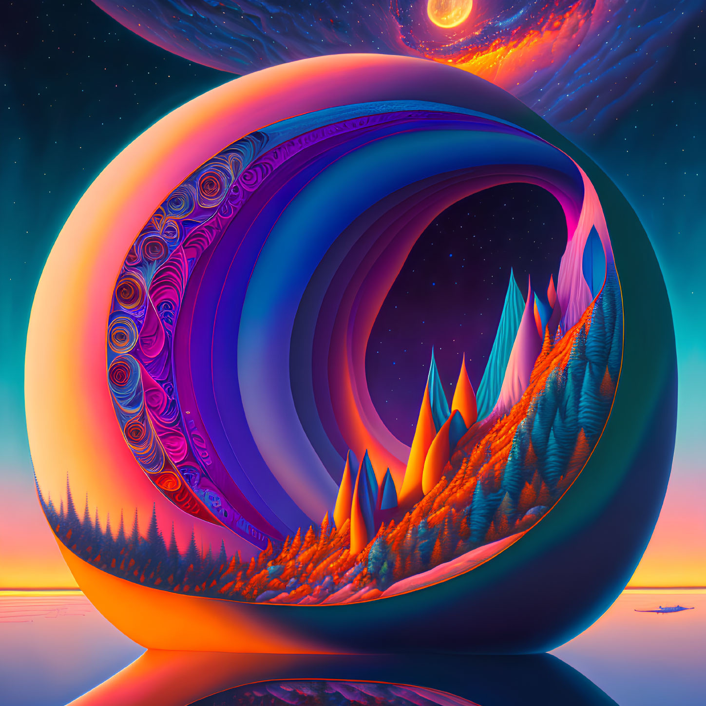 Colorful surrealistic landscape with swirling patterns, geometric mountains, and celestial background
