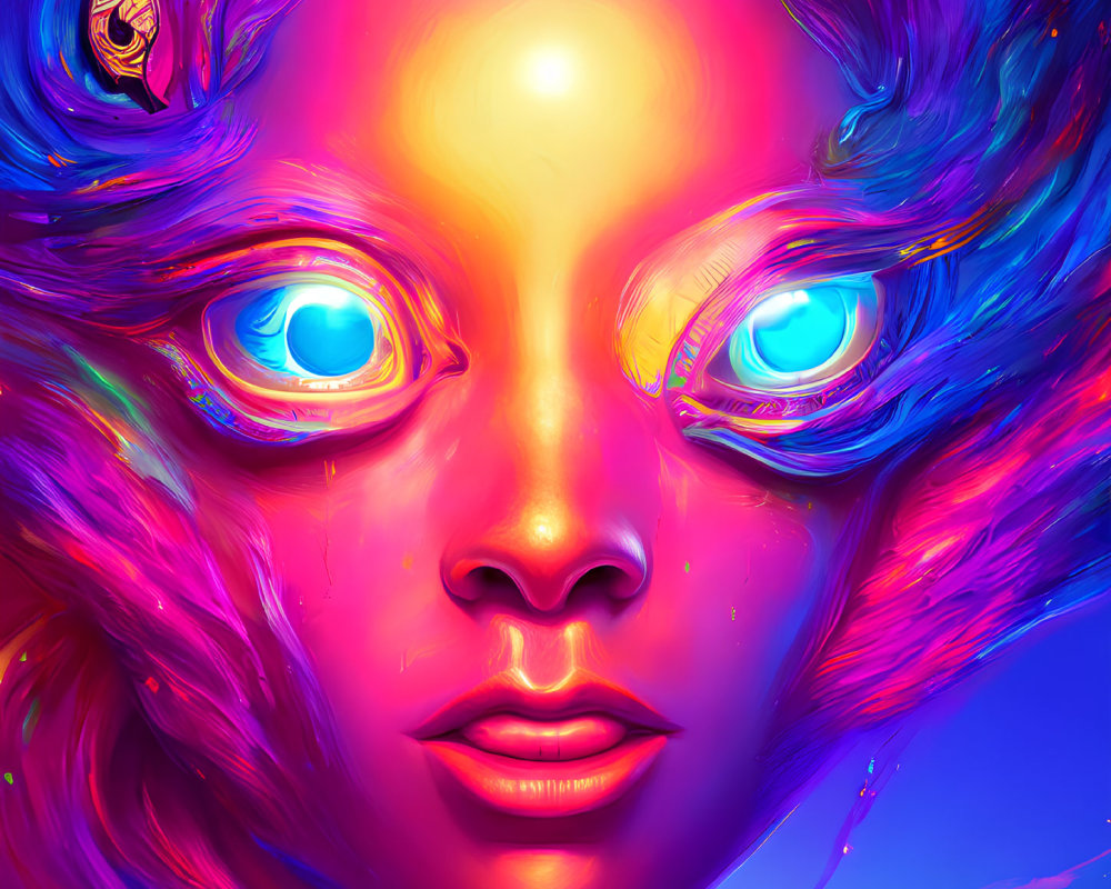 Surreal digital art portrait with neon pink and blue hues of a female face.