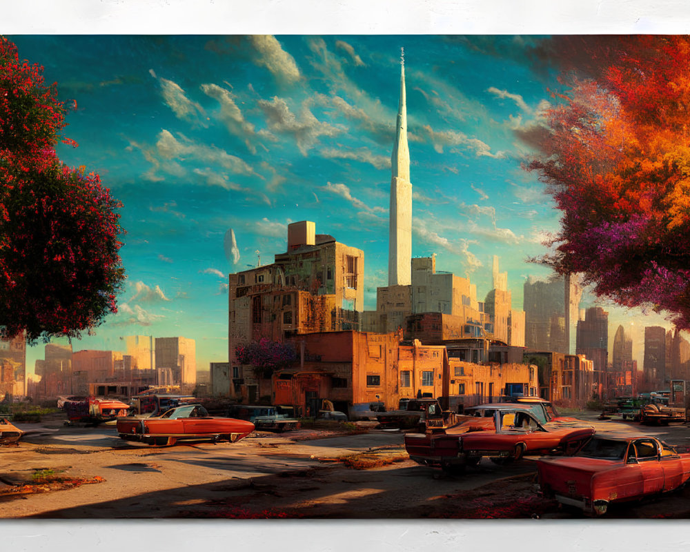 Colorful urban scene with retro cars, old buildings, and futuristic tower at golden hour