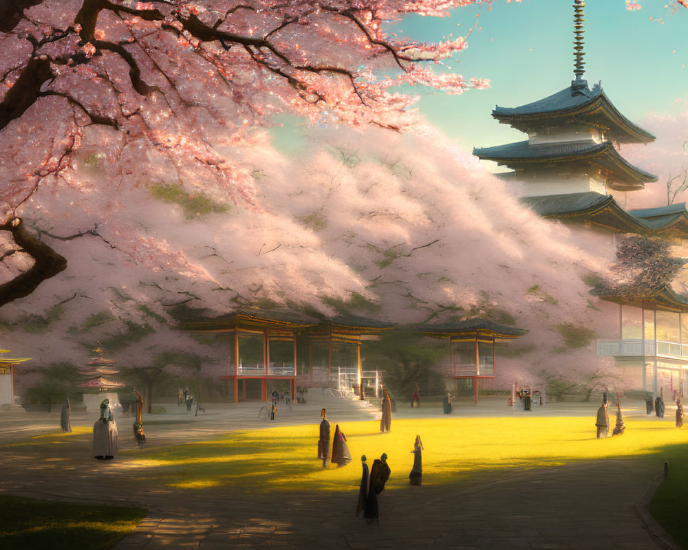 Traditional Japanese pagoda with cherry blossoms and people enjoying the peaceful scene