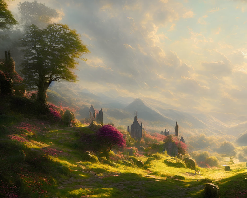 Tranquil landscape with rolling hills, purple flora, ancient castle ruins
