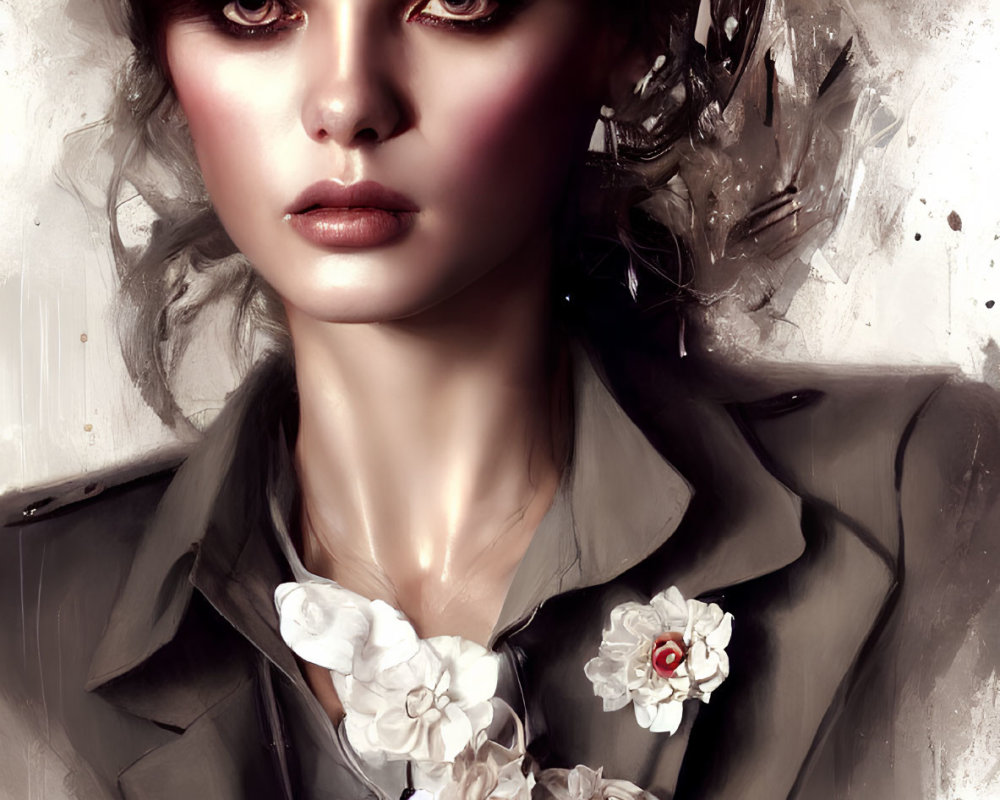 Detailed artistic illustration of woman with intense gaze and floral elements