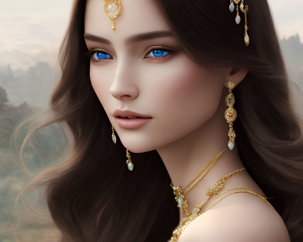 Digital portrait of woman with deep blue eyes and gold jewelry against soft background