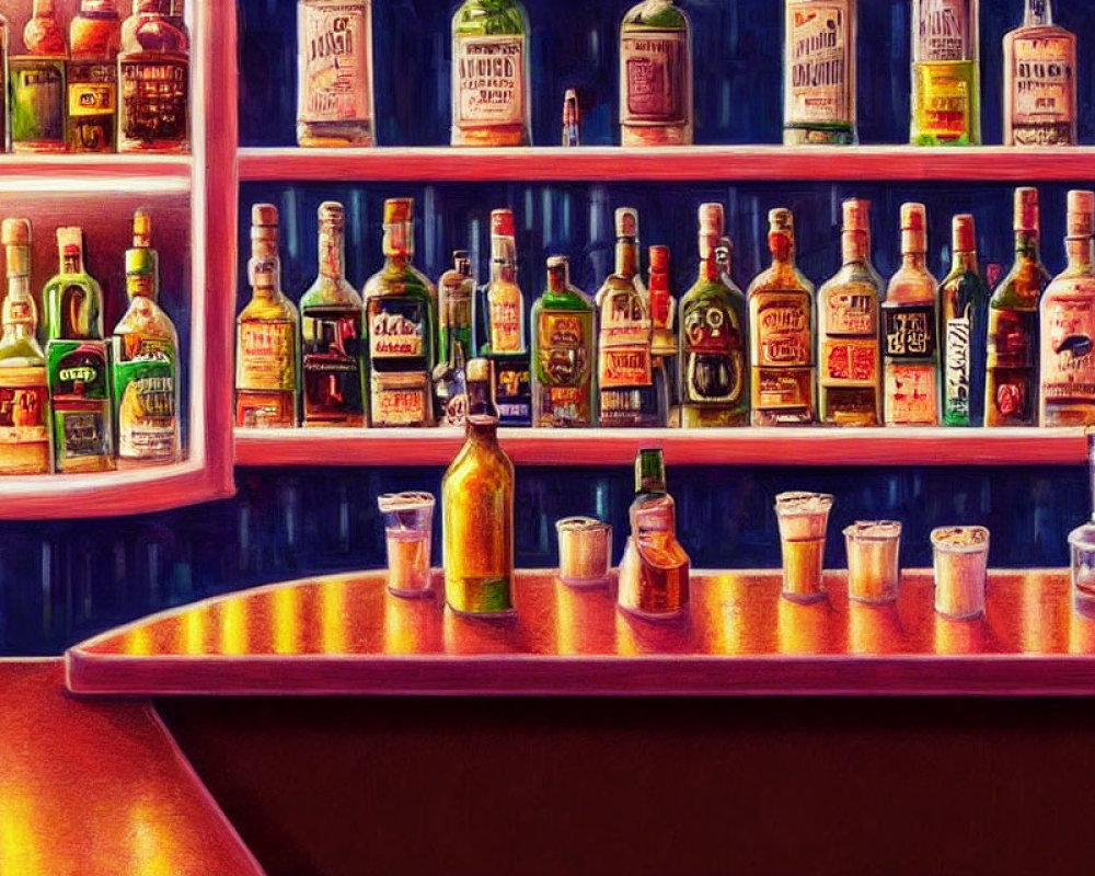 Vibrant bar shelf with assorted liquor bottles and glasses