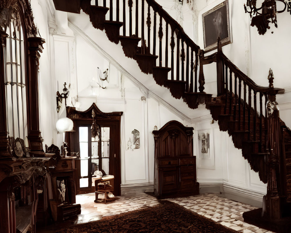 Vintage Interior with Grand Wooden Staircase & Antique Furniture