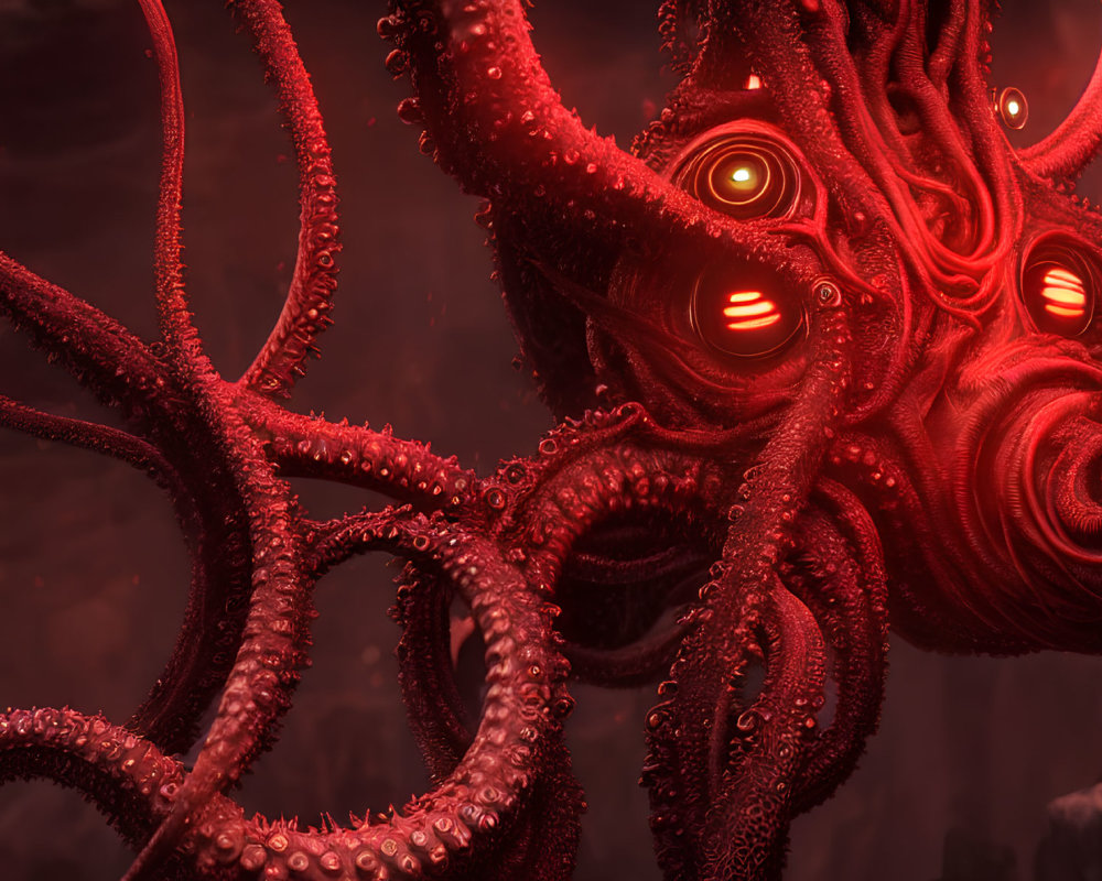 Menacing red octopus digital artwork with glowing yellow eyes