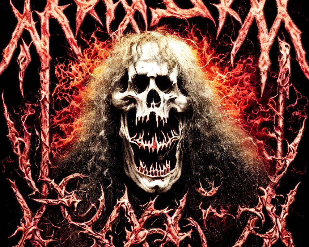 Intense skull with flaming background and metallic thorny text in heavy metal style