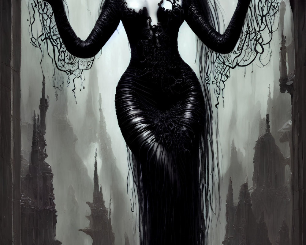 Ethereal gothic figure in black attire with forest backdrop