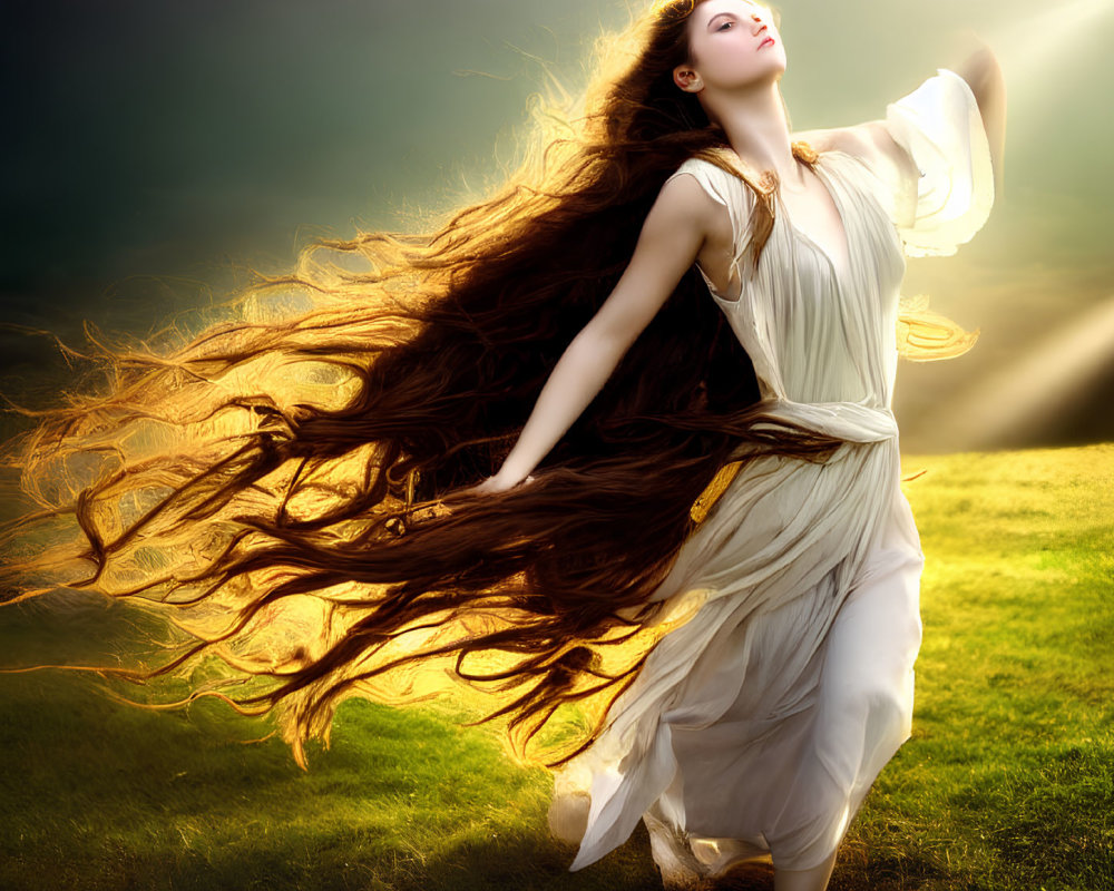 Woman in flowing white dress with wind-swept hair in dramatic sunlit landscape