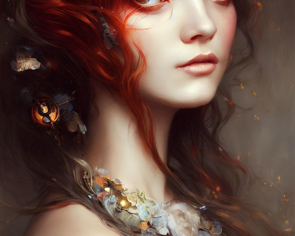 Portrait of Woman with Red Hair, Blue Eyes, and Gemstone Necklace