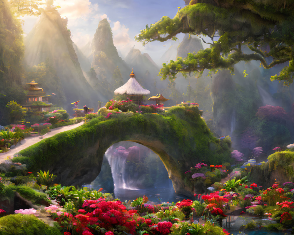 Tranquil fantasy landscape with pagodas, lush greenery, waterfall, and misty mountains