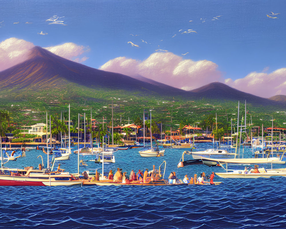Marina with boats, town, volcanoes, birds in clear sky