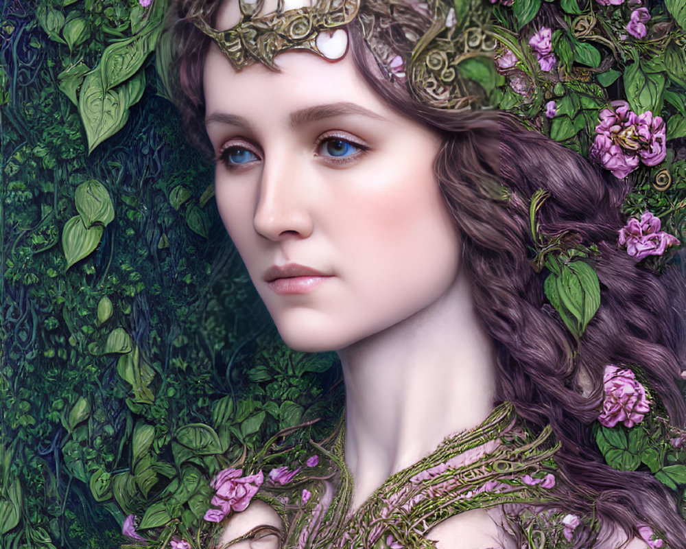 Portrait of a woman with floral headpiece and collar in nature setting