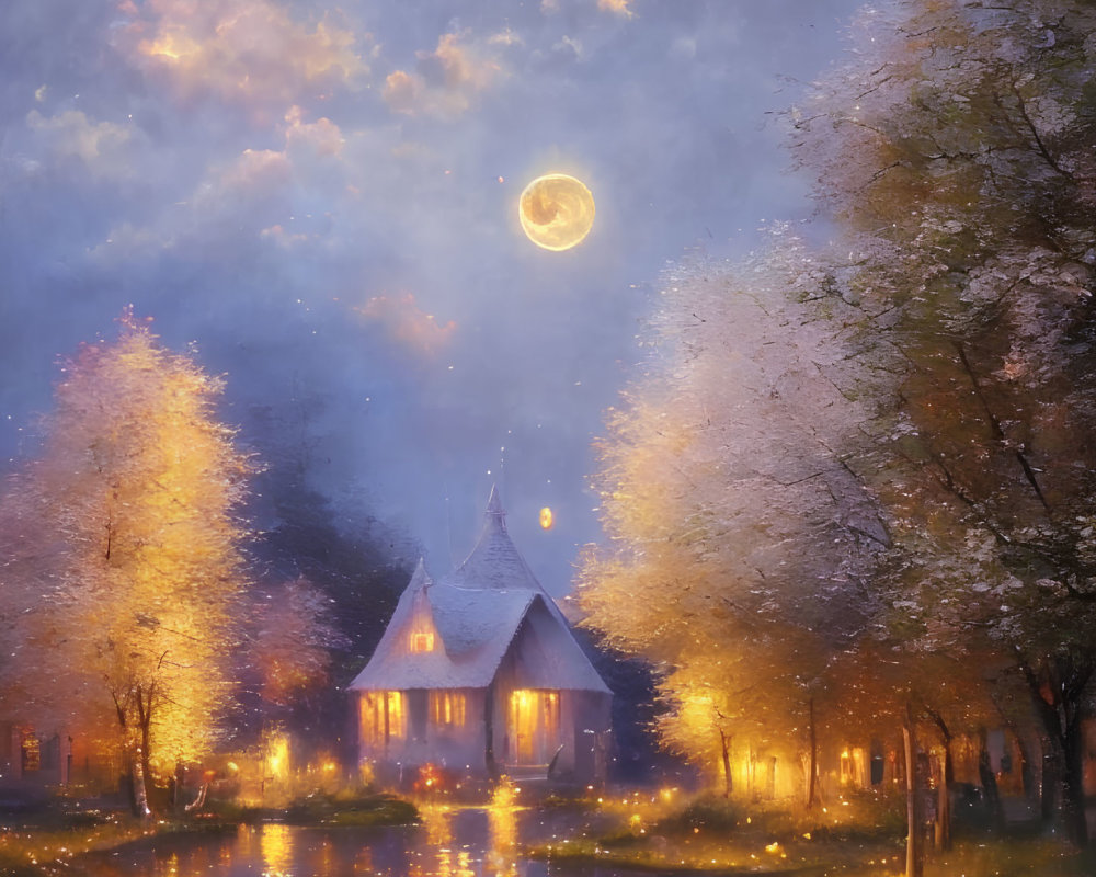 Glowing cottage by serene pond in moonlit autumn landscape