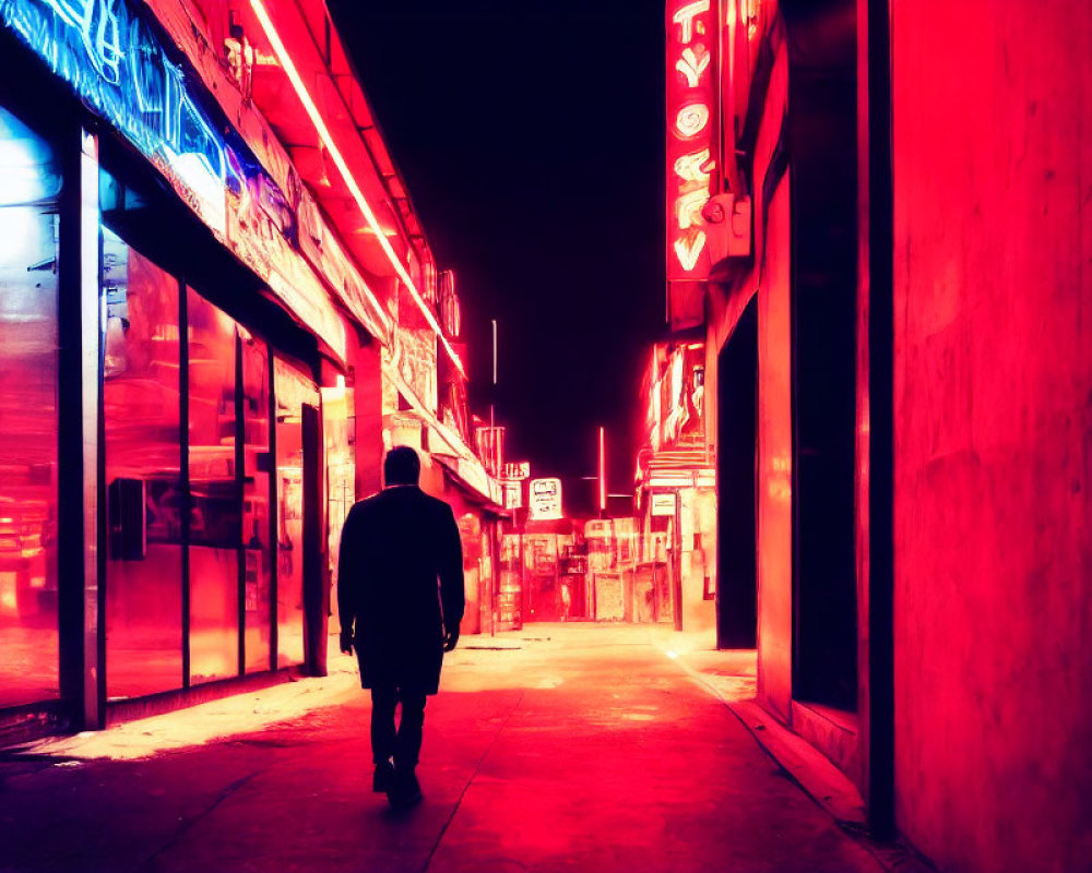 Solitary figure walking on neon-lit street at night