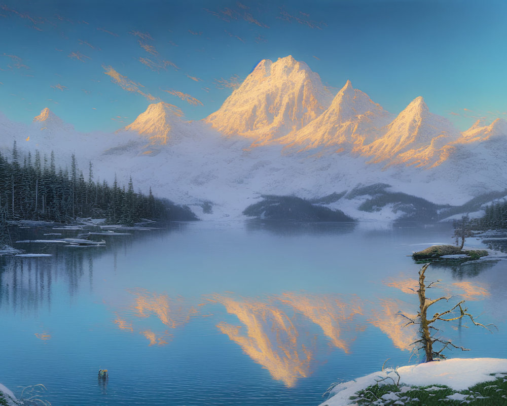 Snow-capped alpine peaks in golden sunlight by a serene lake