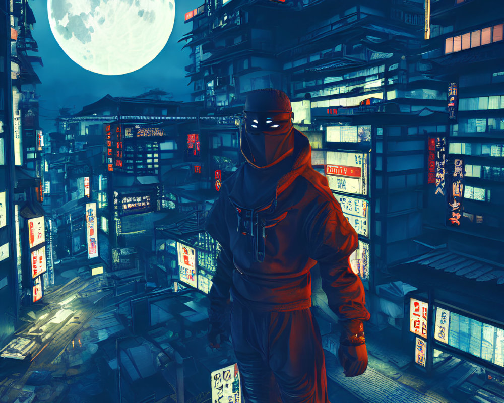 Figure in red suit in neon-lit cyberpunk city at night with large moon