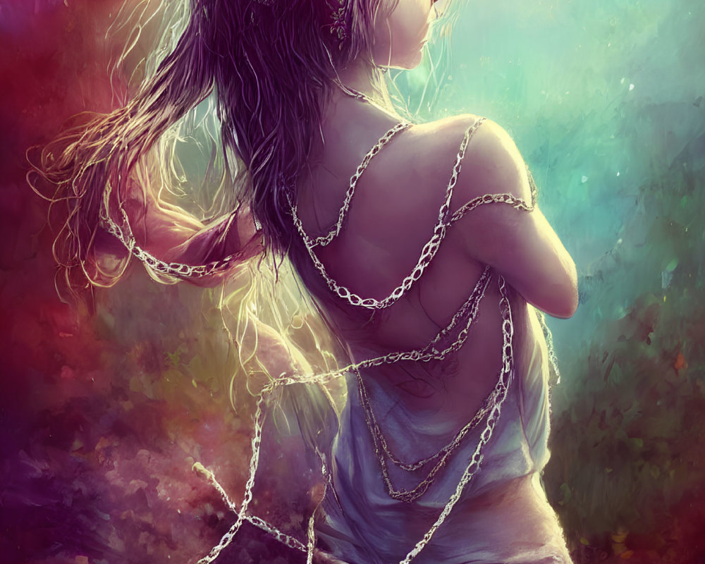 Young woman with chains and flowing hair in misty background