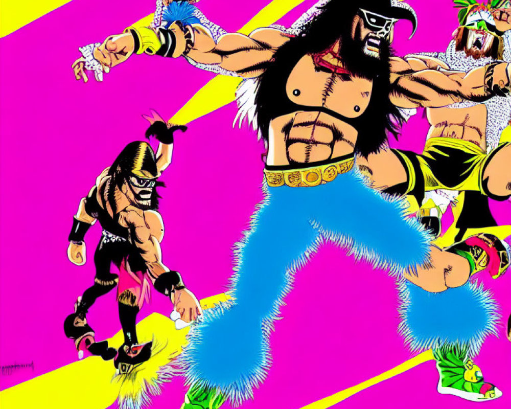 Colorful illustration of two wrestlers in vibrant costumes on bright background