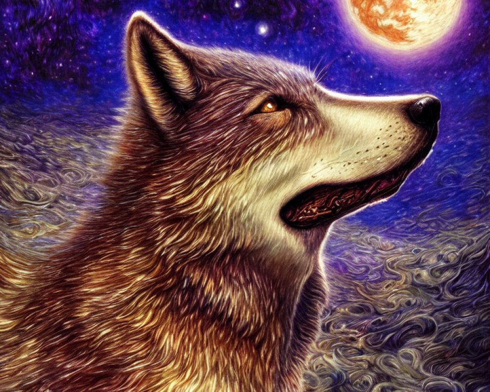 Detailed illustration of majestic wolf under luminous full moon