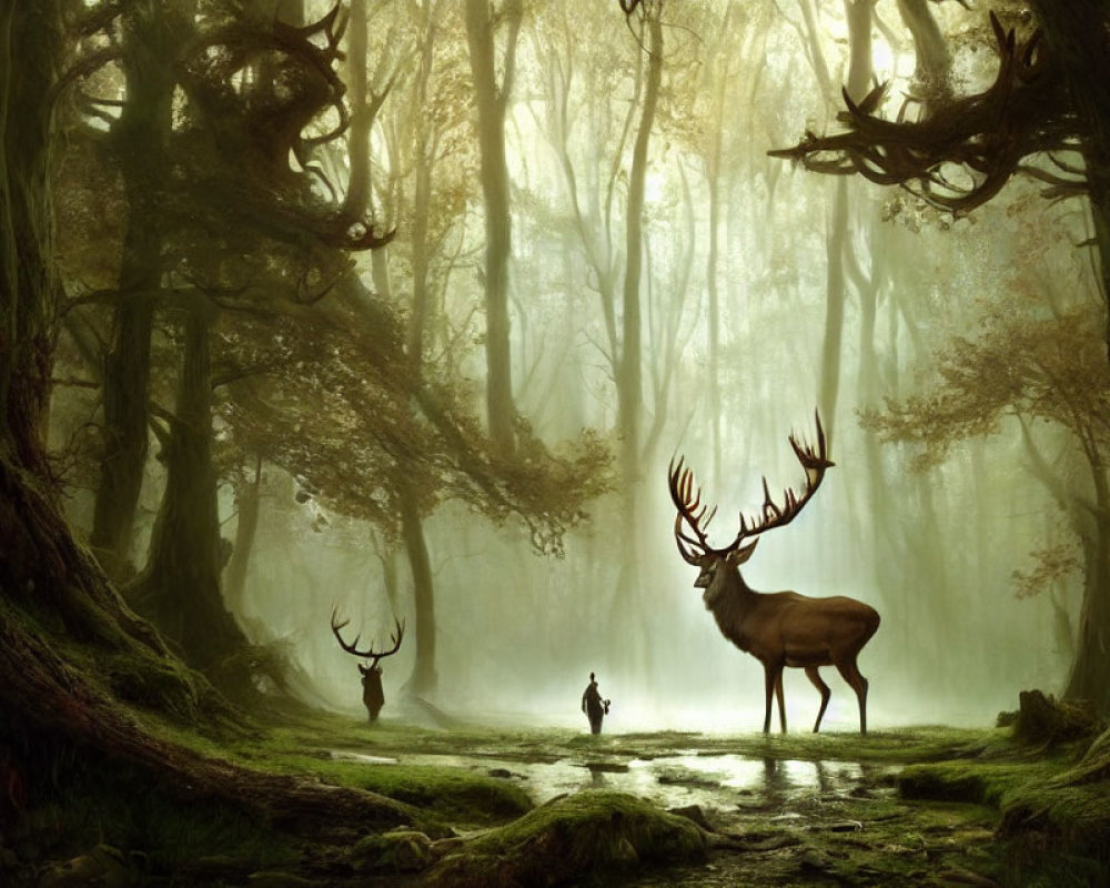 Mystical forest with mist and three stags among ancient trees