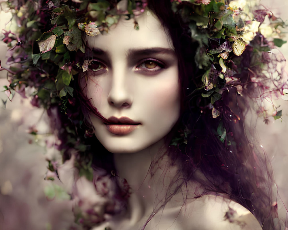 Portrait of woman with green and purple flower crown and dramatic makeup